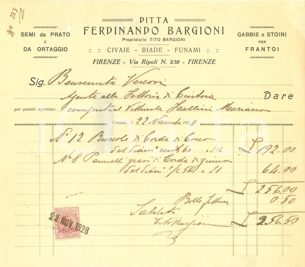 Documento originale, autentico 1928 FIRENZE Ditta Ferdinando BARGIONI semi da prato gabbie per frantoi Fattura 1