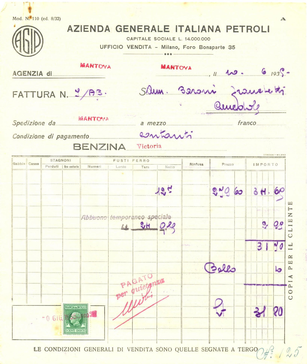 Documento originale, autentico 1939 MILANO AGIP Azienda Generale Italiana Petroli Fattura commerciale 1