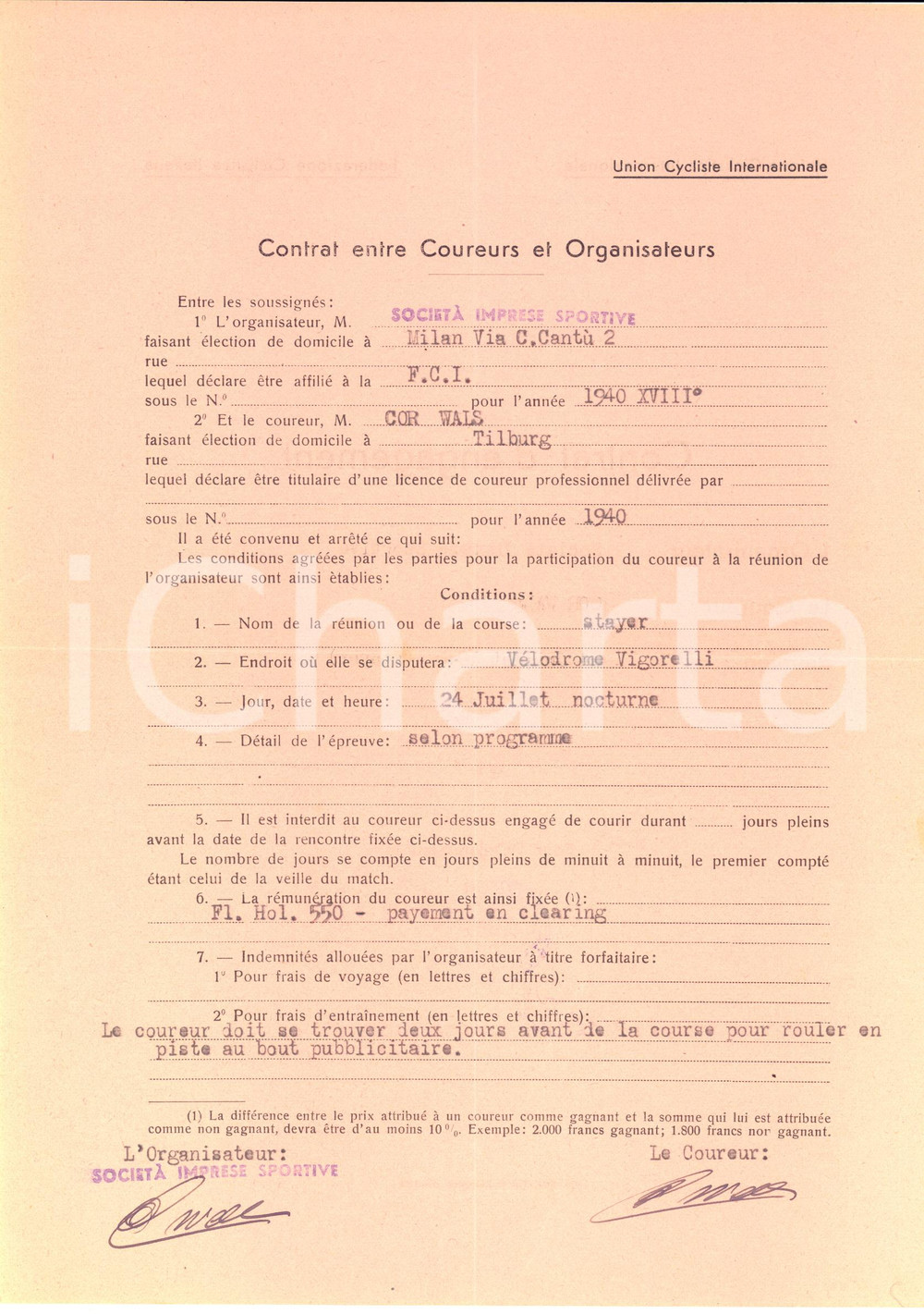 Documento originale, autentico 1940 CICLISMO MILANO VIGORELLI  Contratto ingaggio Cor WALS  Autografo 1