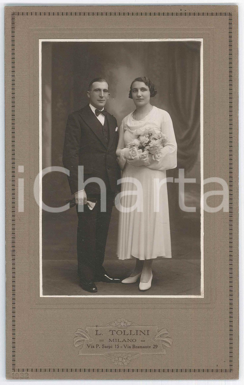 Fotografia d epoca originale 1925 ca MILANO Coppia di sposi  Matrimonio Foto L. TOLLINI 12x19 cm 1
