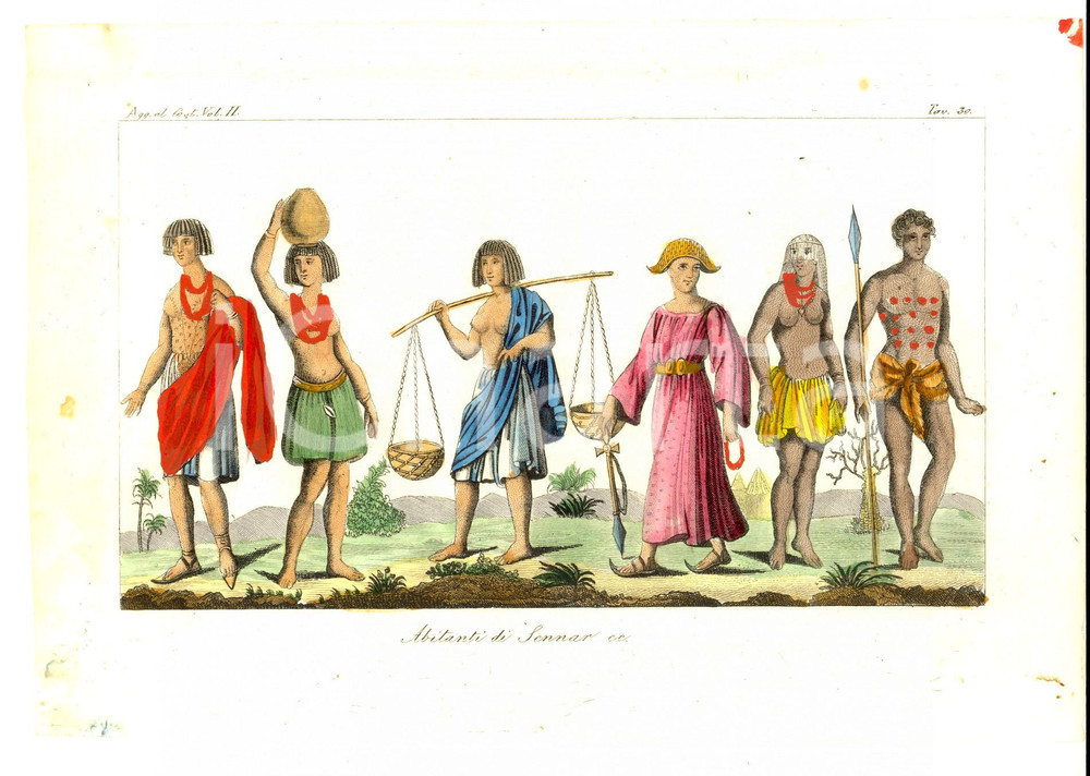 Stampa, bozzetto originale 1834 FERRARIO COSTUME ANTICO Abitanti di Sennar Stampa tav. 30 Colorata a mano 1