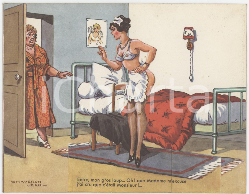 1950 ca FRANCE Artiste Jean CHAPERON - Entre, on gros loup - Billet pop-up  Biglietto d'epoca, con scenetta satirica all'interno. GOOD/buono  Formato: 9x14 cm originale e autentica 1