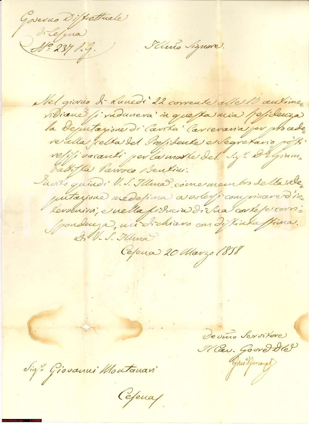 Manoscritto, lettera originale 1858 CESENA Deputazione CaritÃ  Carceraria Gov. GARAMPI 1