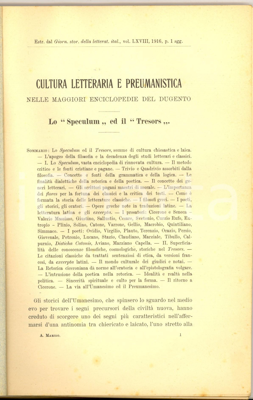 Libro, pubblicazione d epoca 1916 Aristide MARIGO  Cultura letteraria  Lo Speculum e il Tresors 80 pp. 1