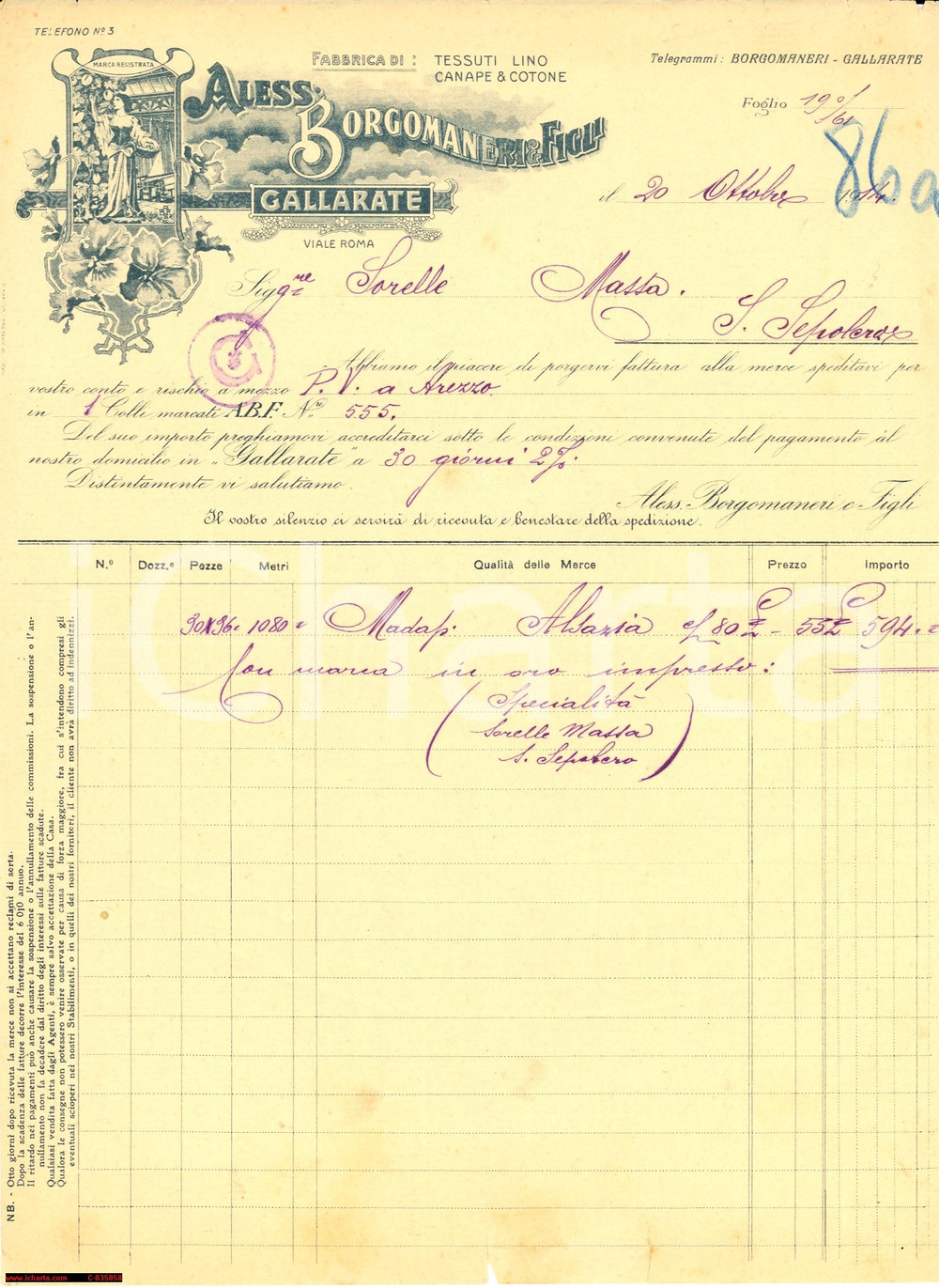 Documento originale, autentico 1914 Gallarate Via Roma ALESS. BORGOMANERI E FIGLI tessuti Fattura 1