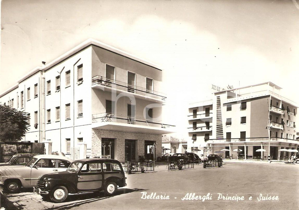 Cartolina originale da collezione 1958 BELLARIA - IGEA MARINA (RM) Albergi Principe e SUISSE Fiat 500 GIARDINETTA 1