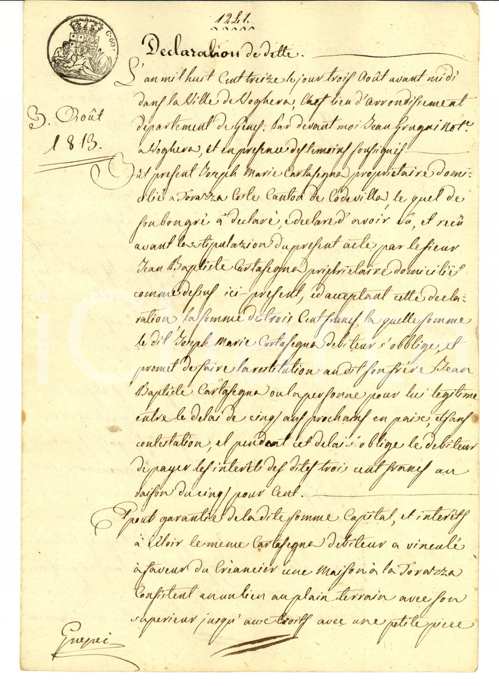 Documento originale, autentico 1813 TORRAZZA COSTE (PV) Giuseppe Maria CARTASEGNA debitore del fratello 1