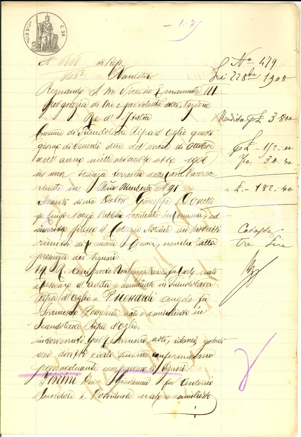 Documento originale, autentico 1908 SCANDOLARA RIPA D OGLIO CR Don Giovanni FIORINI vende terra PRADELLI 1