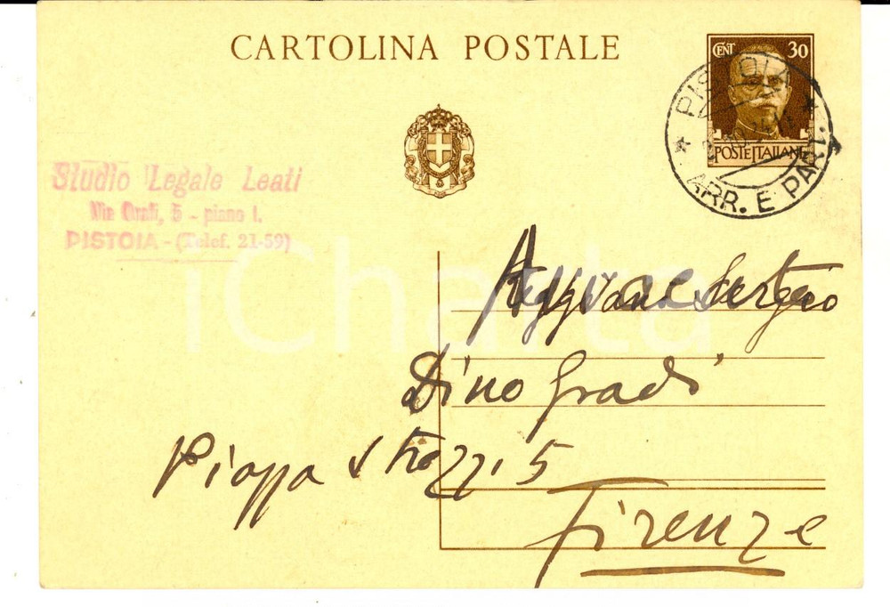 Cartolina originale da collezione 1934 PISTOIA Studio Legale LEATI  Cartolina a Dino GRADI  FIRENZE 1