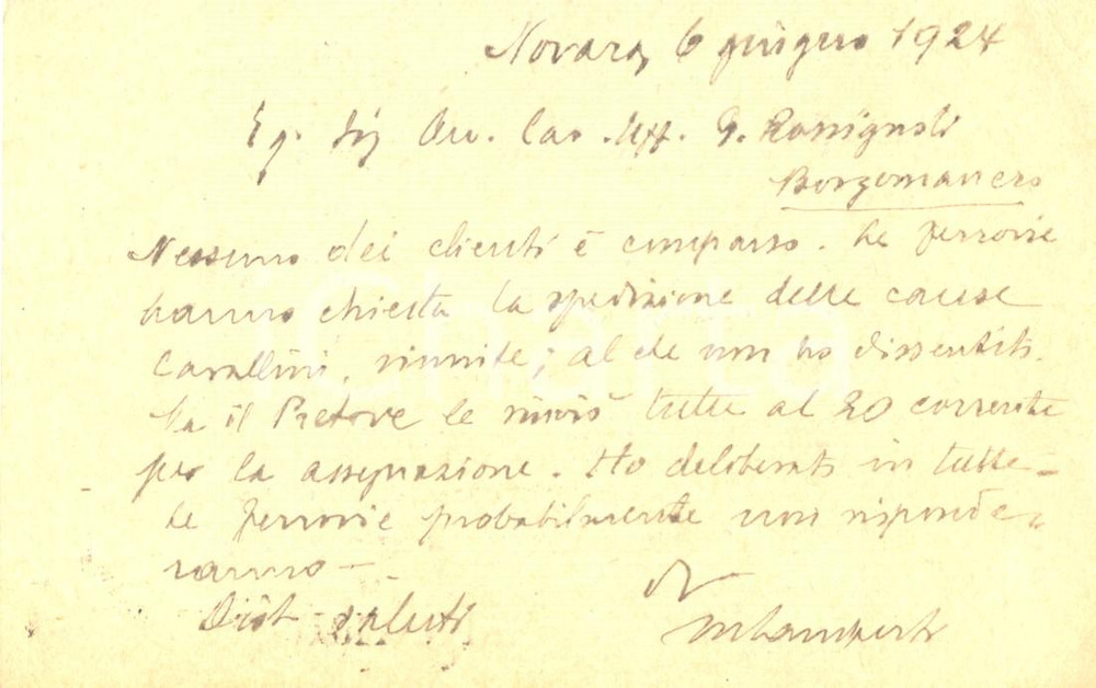 Autografo originale 1924 NOVARA Avv. Mario LAMPERTI DE VECCHI a Giuseppe ROSSIGNOLI Autografo 1