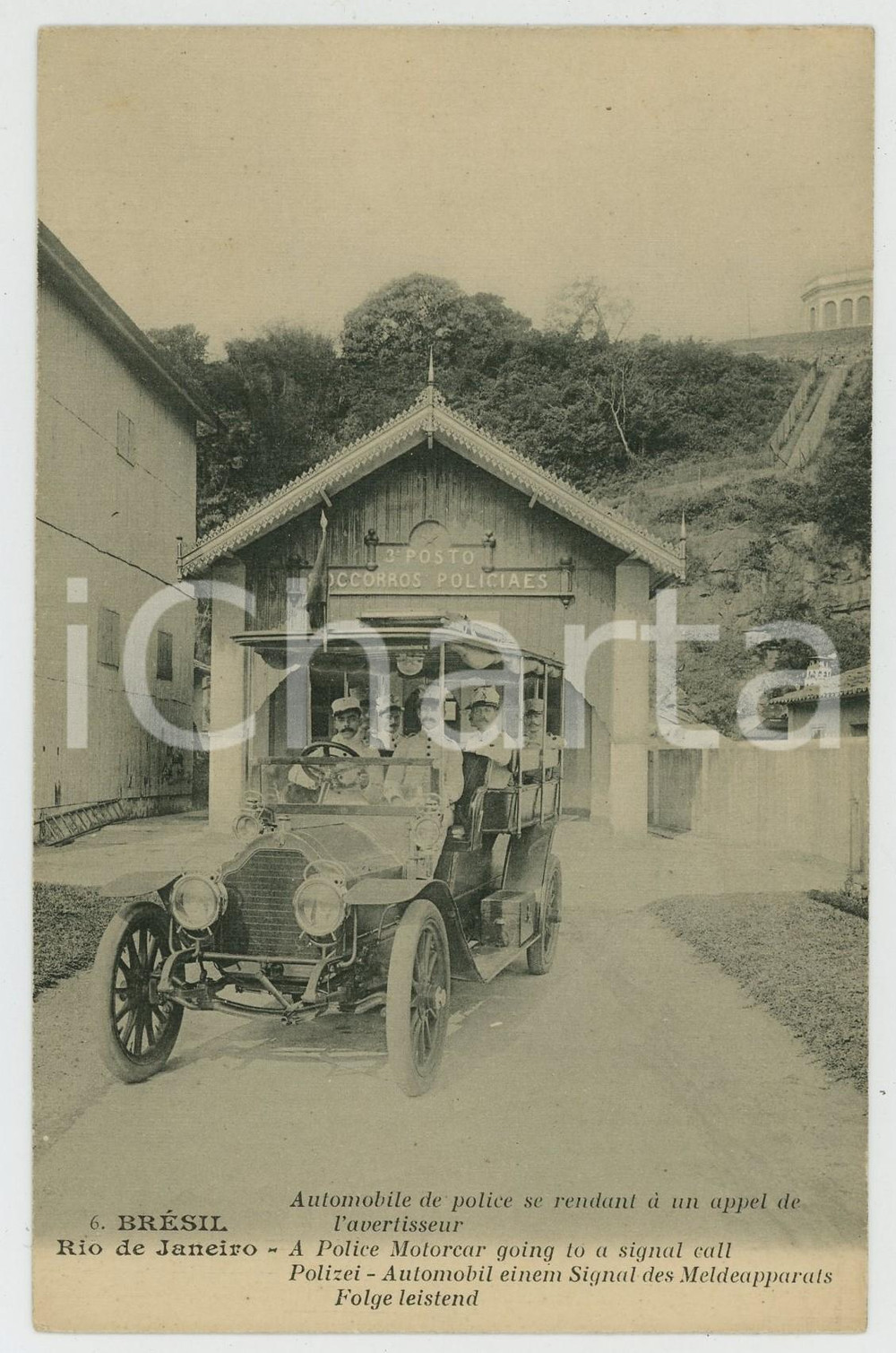 1910 ca RIO DE JANEIRO (BRAZIL) Police motocar going to a signal call - Postcard Cartolina postale d'epoca, non viaggiata.CONDIZIONI: GFORMATO: FP    originale e autentica 1