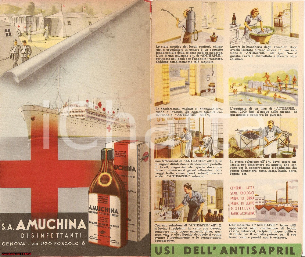 Materiale pubblicitario d’epoca 1939 GENOVA Usi bellici disinfettanti AMUCHINA - Opuscolo vintage 1