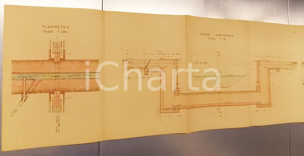 Mappa, planimetria storica 1940 ca BRONI Derivazione OLONETTA nel colatore ARFUGO *Sezione longitudinale 1
