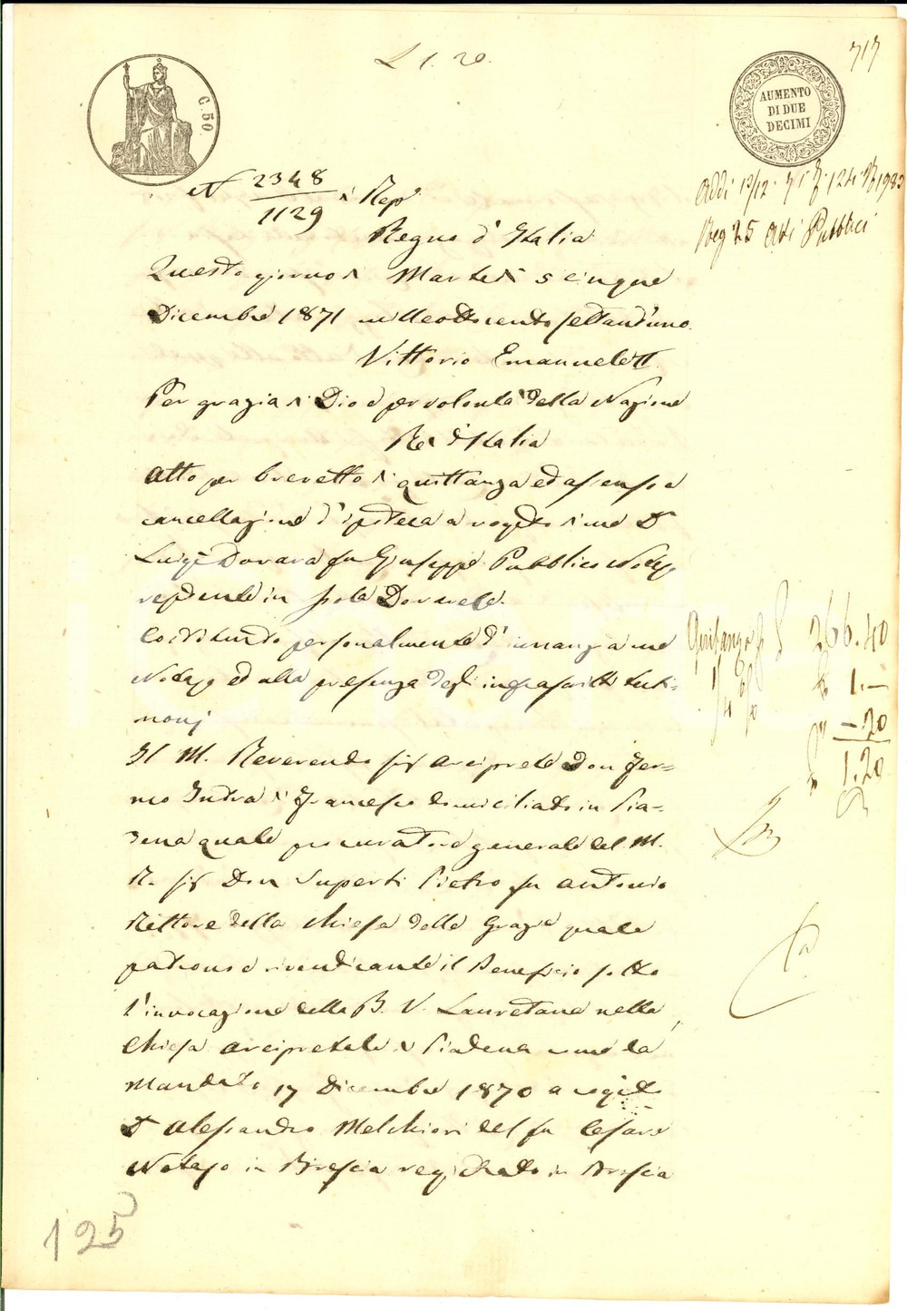 Documento originale, autentico 1871 PIADENA Quietanza di don Pietro SUPERTI a Giuseppe BIAZZI per saldo censo 1