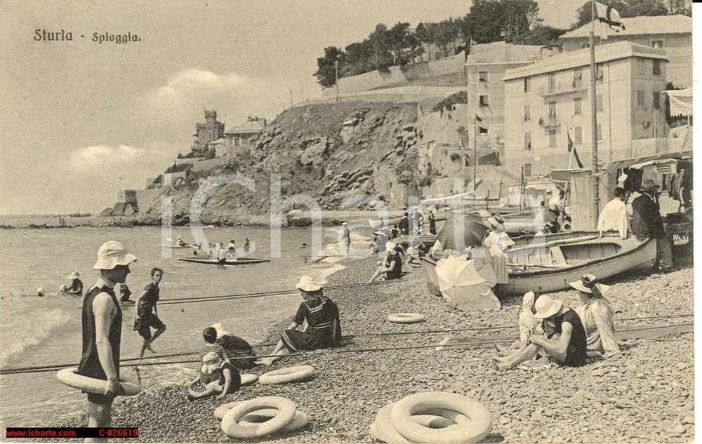 Cartolina originale da collezione 1918 GENOVA STURLA Veduta della spiaggia Cartolina ANIMATA FP salvagenti 1