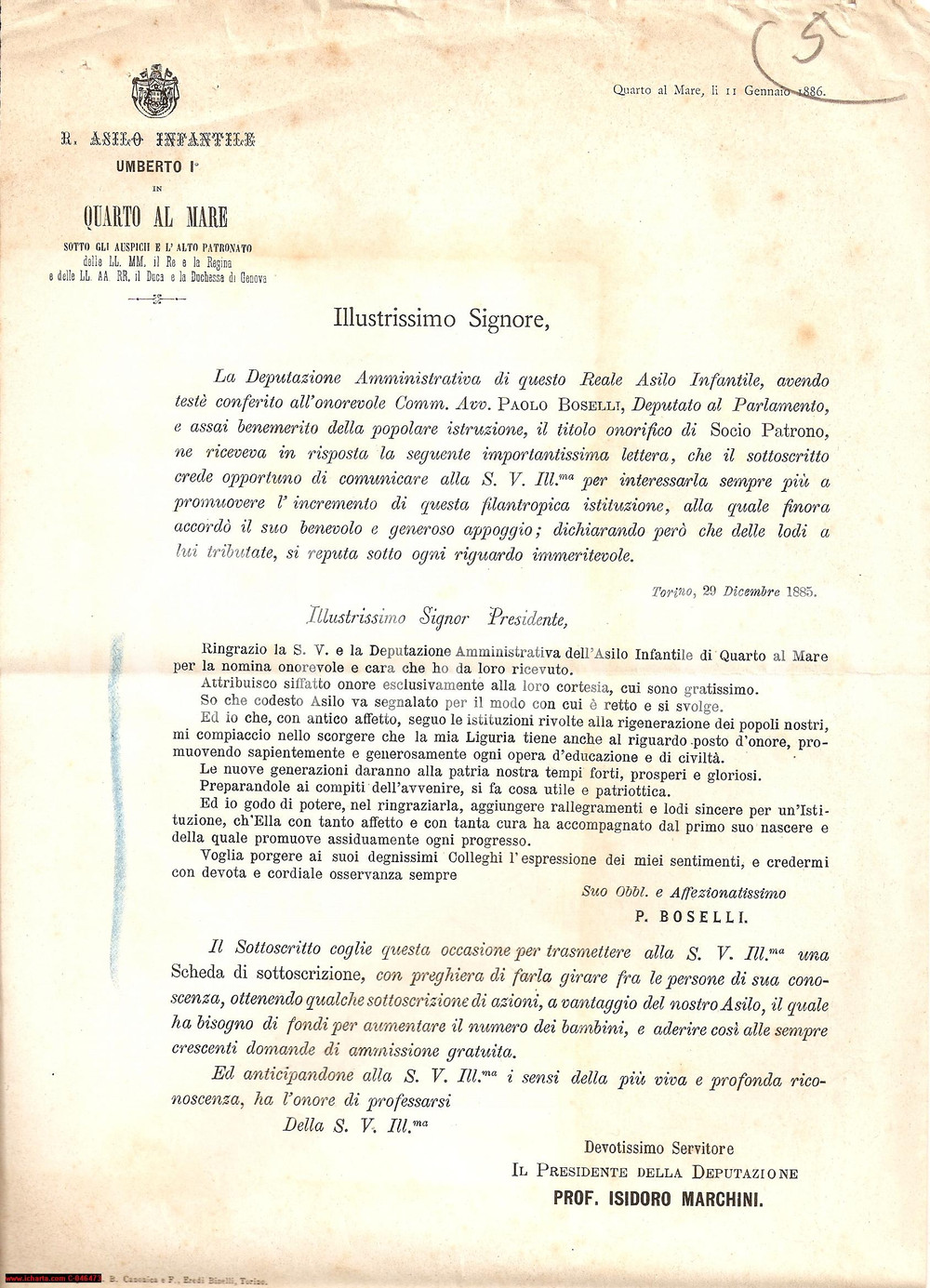Documento originale, autentico 1886 QUARTO DEI MILLE GE Elogio R. Asilo UMBERTO I 1