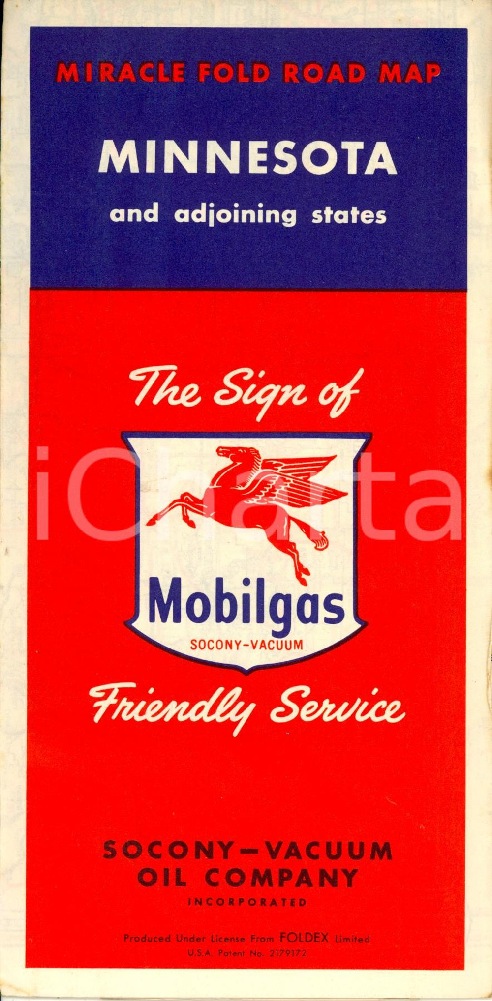 Mappa, planimetria storica 1955 ca MINNESOTA road map and adjoining States Mappa MOBILGAS SOCONYVACUUM 1