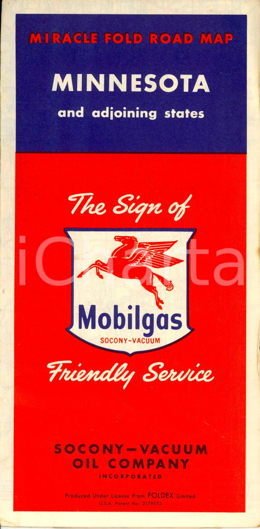 Mappa, planimetria storica 1955 ca MINNESOTA road map and adjoining States Mappa MOBILGAS SOCONYVACUUM 1