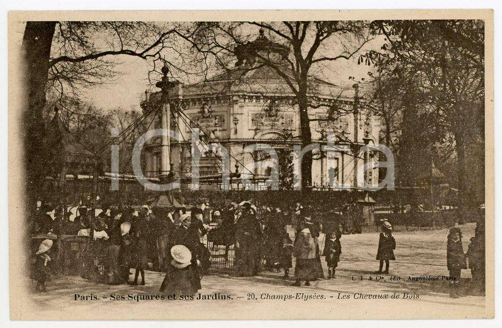 1907 PARIS - Squares et Jardins - Champs-Elysées - Chevaux de Bois *Postcard Cartolina postale, originale d'epoca, viaggiata. GOOD/buono ma francobolli quasi completamente asportati Formato: 14x9 cm originale e autentica 1