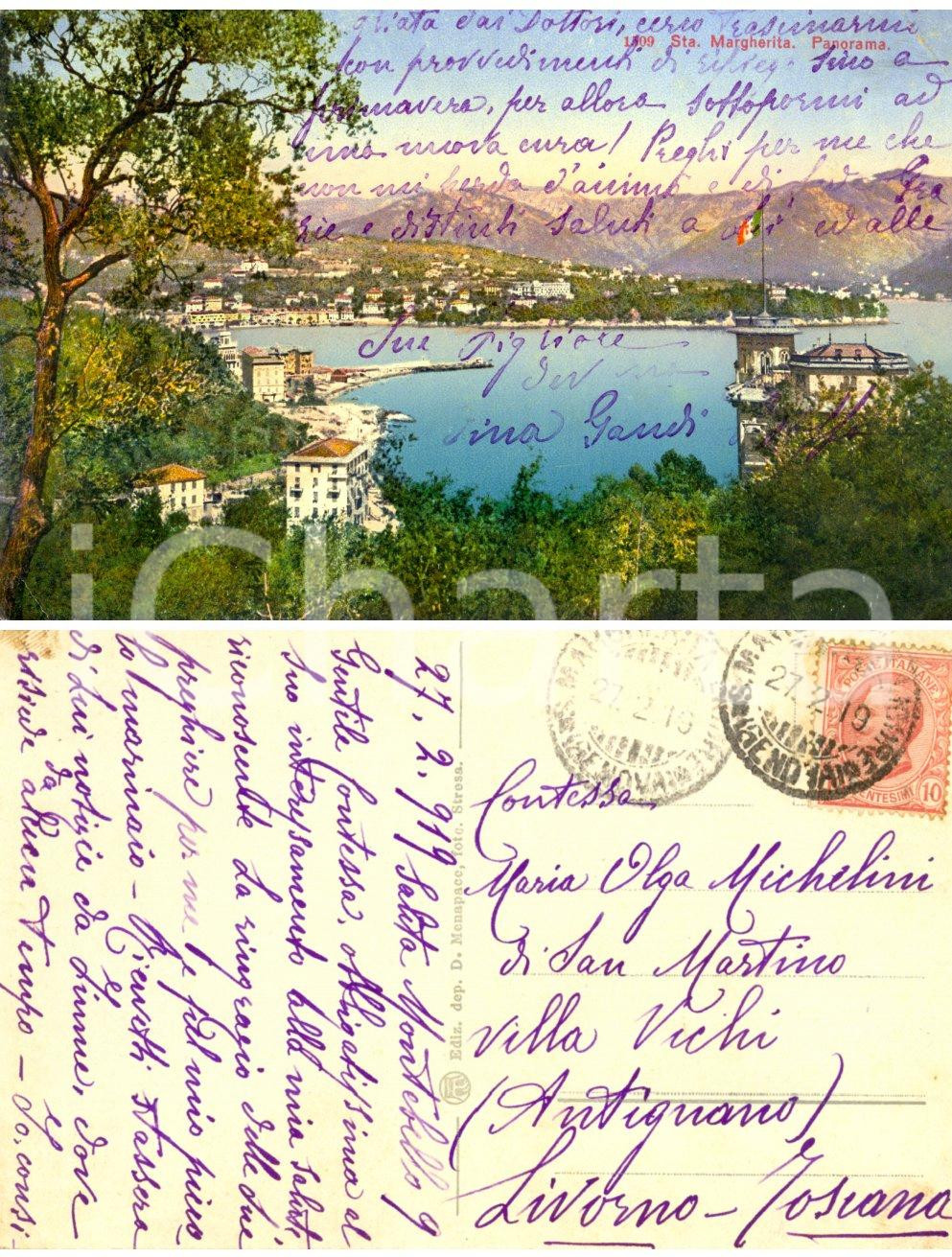 Cartolina originale da collezione 1919 SANTA MARGHERITA GE Panorama Cartolina a OLGA MICHELINI DI SAN MARTINO 1