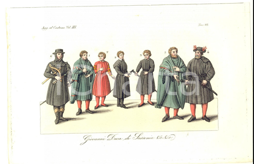 Stampa, bozzetto originale 1837 FERRARIO COSTUME ANTICO Giovanni duca di Sassonia Stampa COLORATA A MANO 1