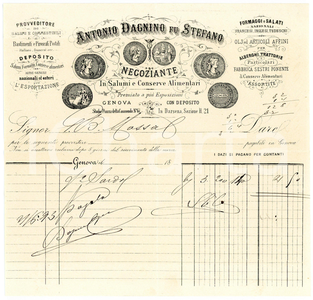 1893 GENOVA - Antonio DAGNINO fu Stefano - Negozio conserve alimentari *Fattura Fattura commerciale d'epoca, manoscritta, su carta intestata.Genova - piazza della Commenda n.67CONDIZIONI: F (piegature d'epoca)PAGINE: 1    originale e autentica 1