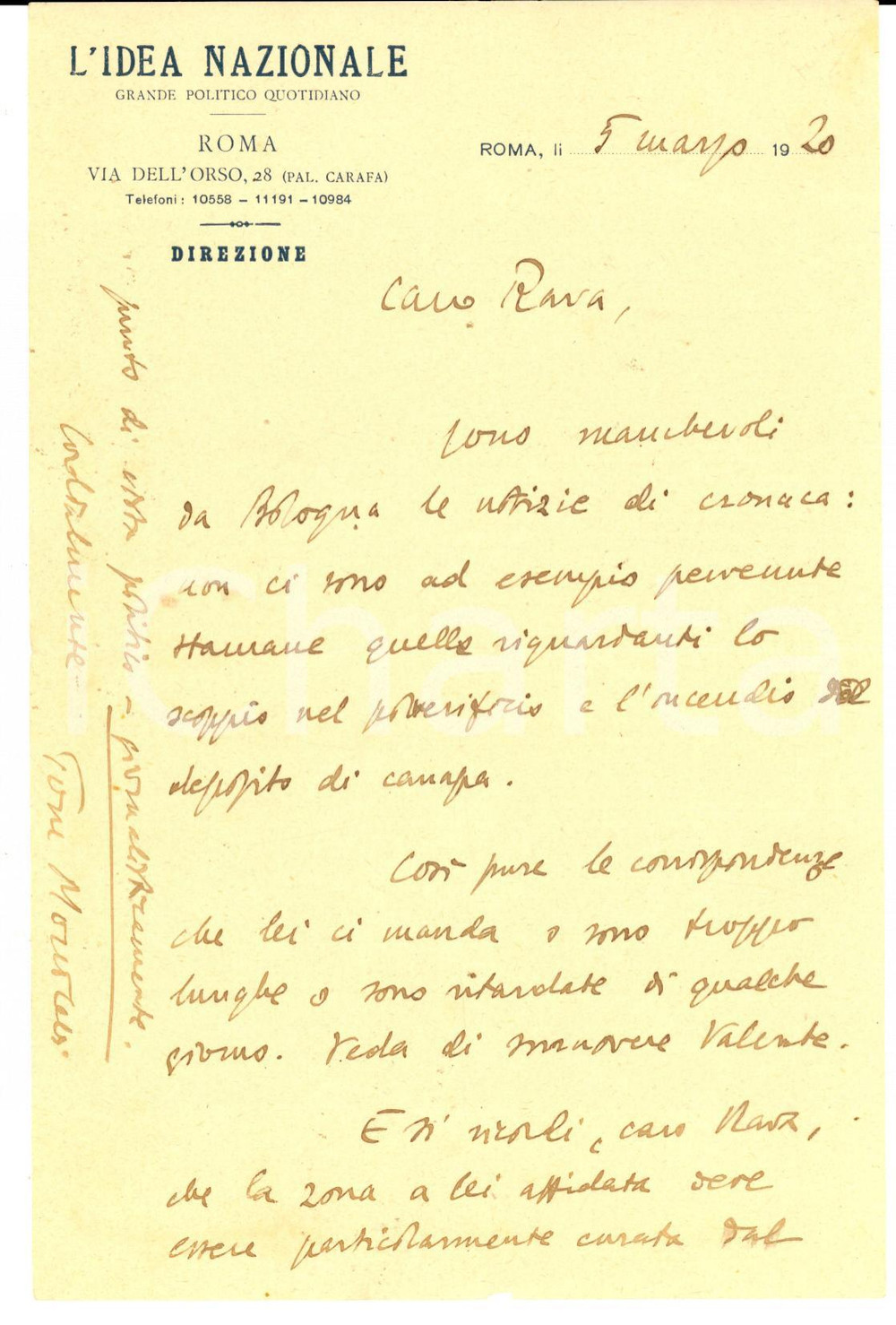 Autografo originale 1920 L IDEA NAZIONALE Tomaso MONICELLI rimprovera Massimo RAVA Autografo 1