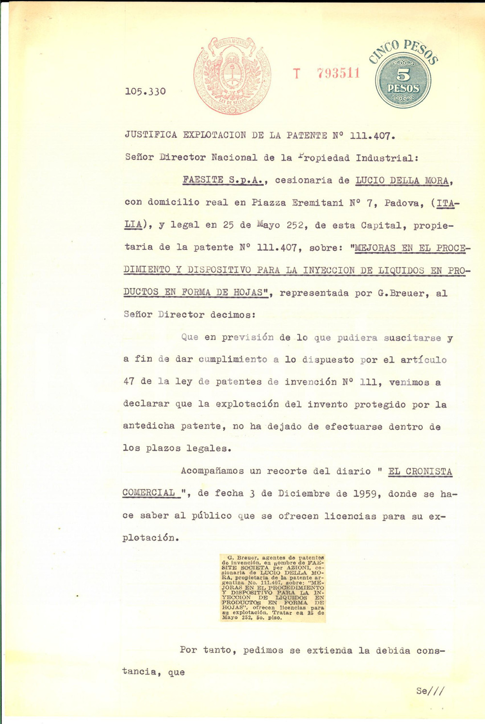 Oggetto da collezione cartaceo 1959 BUENOS AIRES ARGENTINA Attestato per brevetto FAESITE iniettore liquidi 1