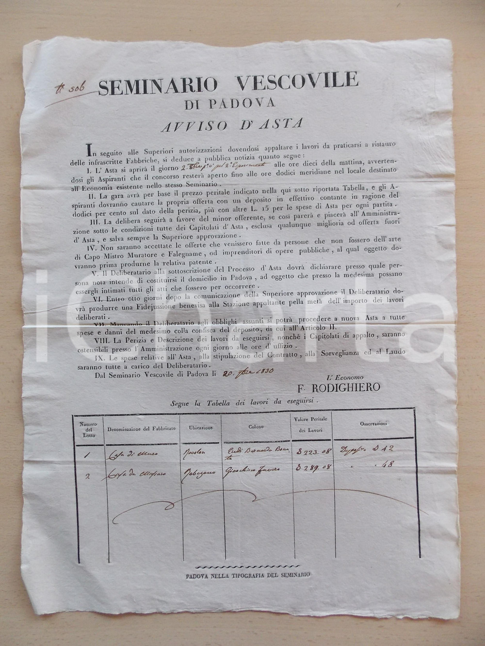 Documento originale, autentico 1830 PADOVA Appalto lavori edifici Seminario Vescovile *Manifesto cm 30 x 40 1