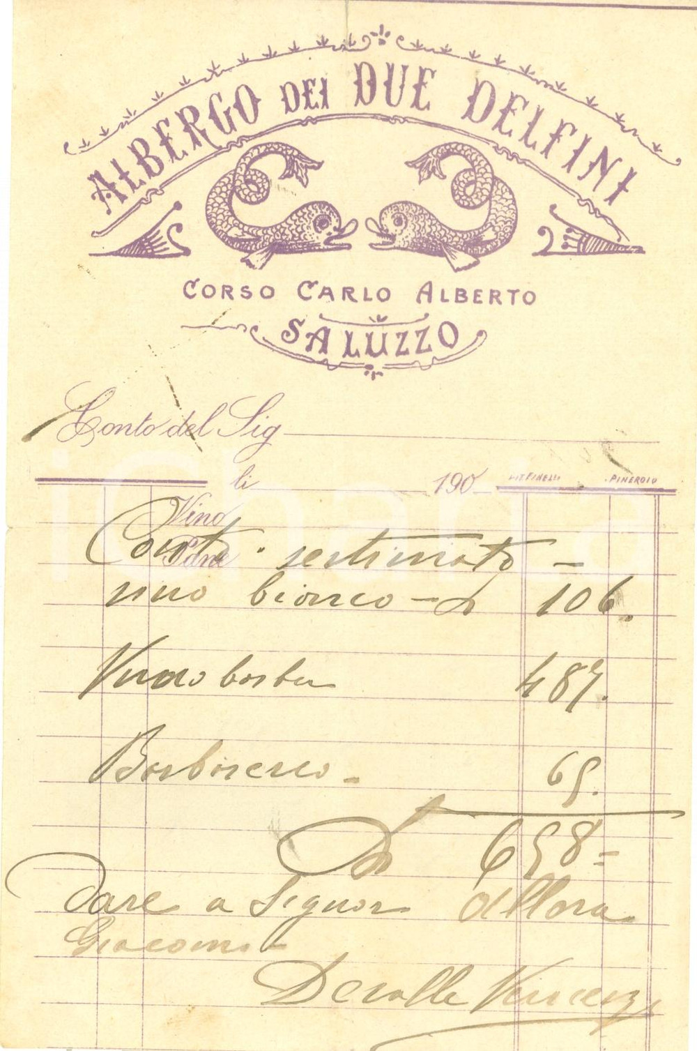 Documento originale, autentico 1900 ca SALUZZO CN Albergo DEI DUE DELFINI Fattura commerciale 1