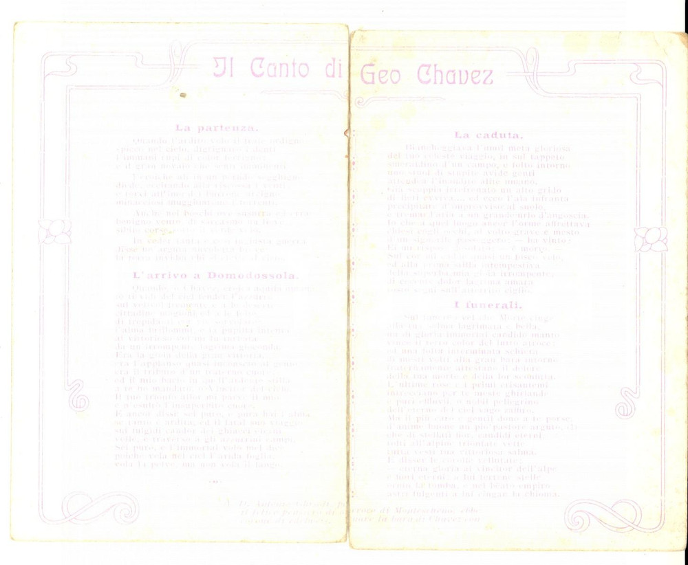 Cartolina originale da collezione 1915 ca DOMODOSSOLA Vittorio D'AVINO Canto di Geo CHAVEZ *Cartolina DANNEGGIATA 1