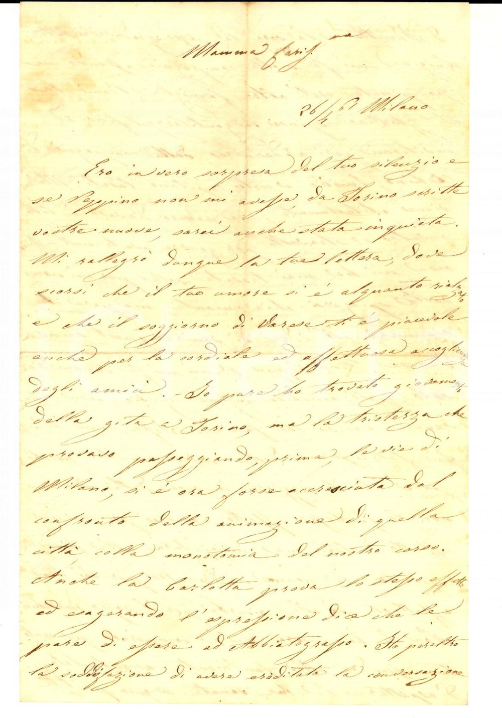 Manoscritto, lettera originale 1861 MILANO Giulia GAVAZZI visita il marito Giuseppe SPERONI deputato a Torino 1