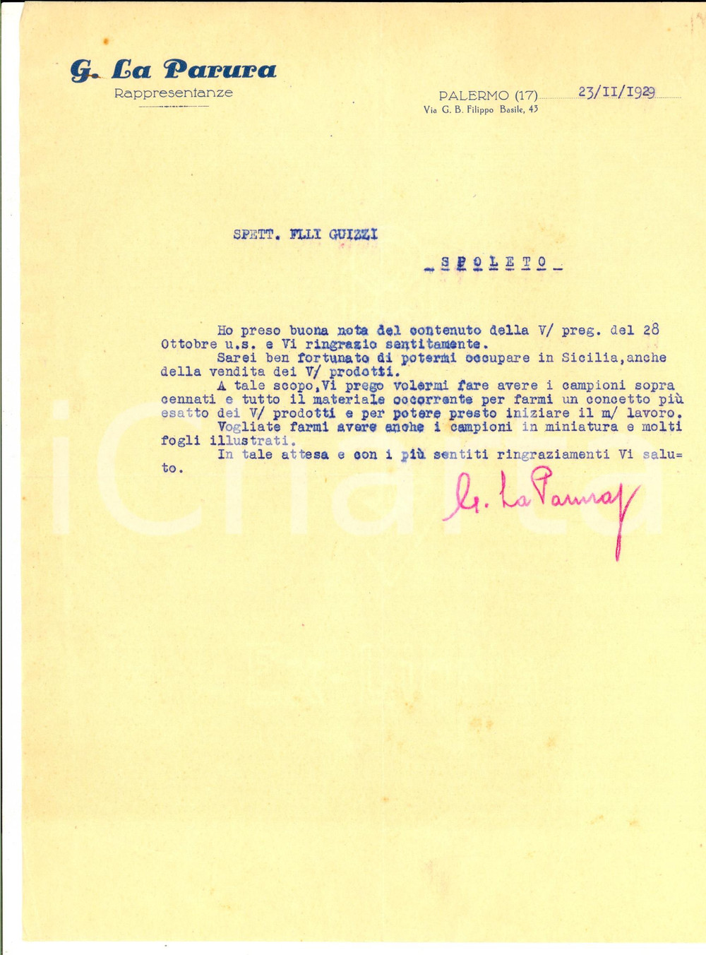 Manoscritto, lettera originale 1929 PALERMO Rappresentanze G. LA PARURA Lettera su campionario per SICILIA 1