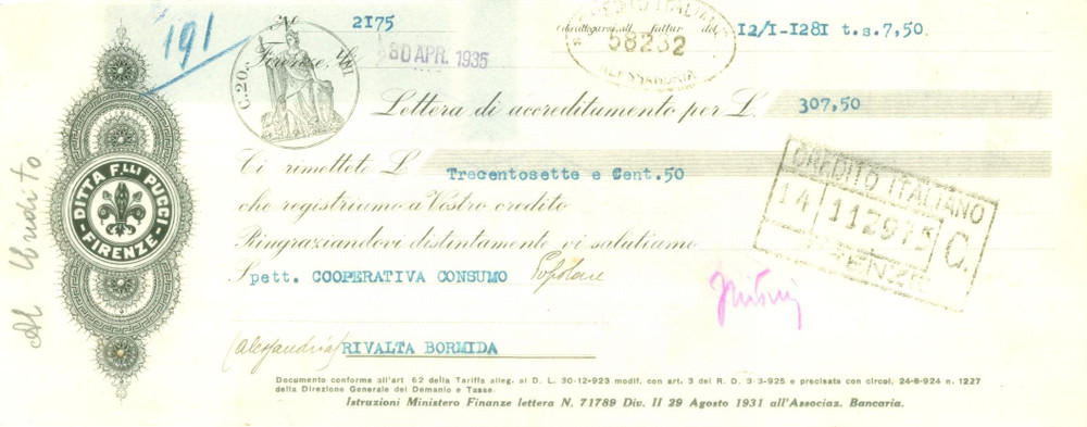 Documento originale, autentico 1935 FIRENZE Ditta Fratelli PUCCI Lettera di accreditamento pubblicitaria 1