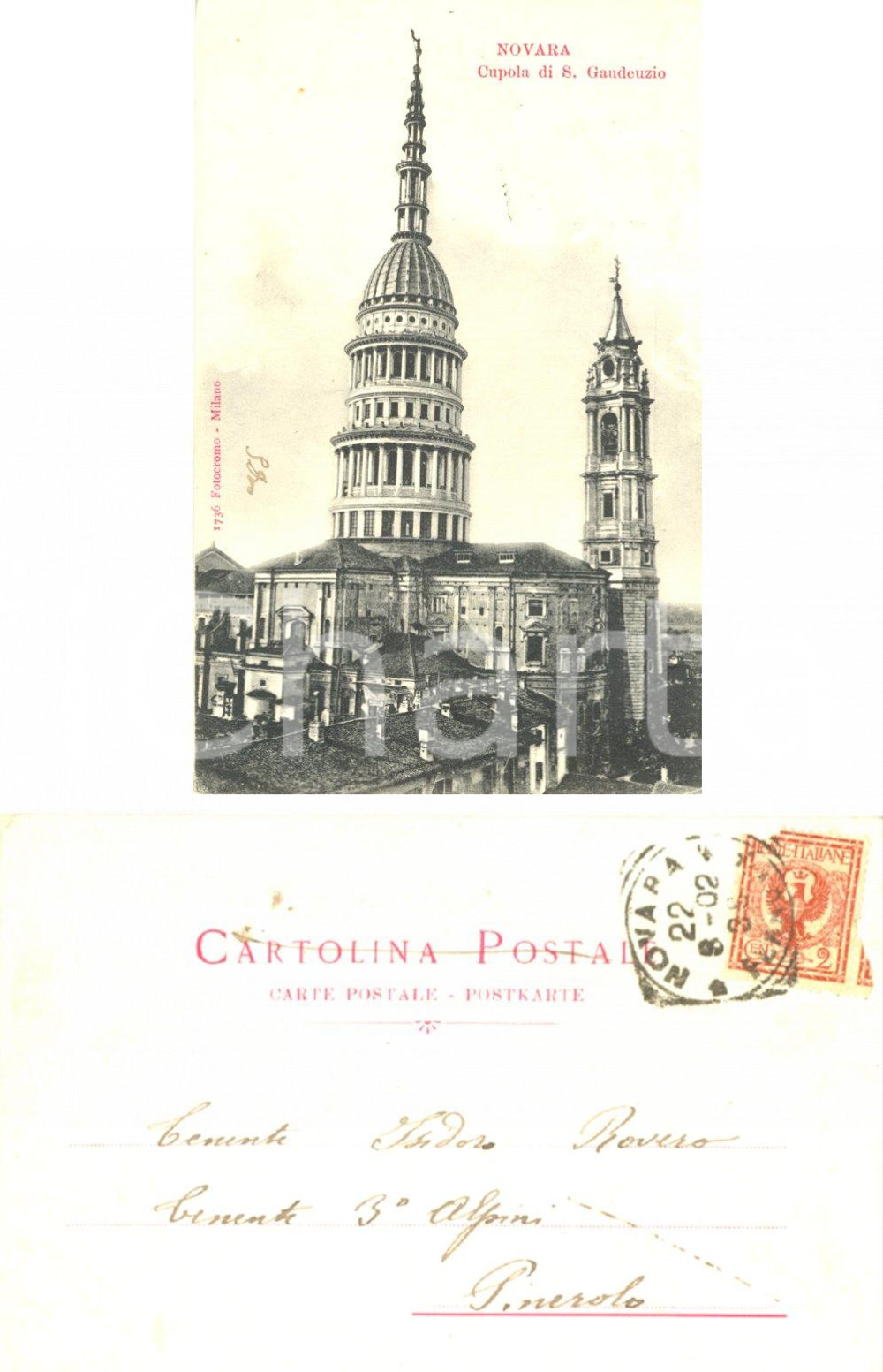 Cartolina originale da collezione 1902 NOVARA Cupola di SAN GAUDENZIO Cartolina a Isidoro ROVERO ALPINI FP VG 1