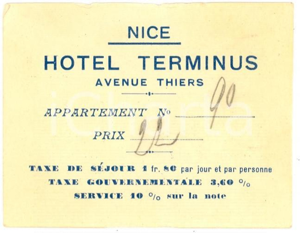 Oggetto da collezione cartaceo 1920 circa NICE (F) Vitto e alloggio Hotel TERMINUS 1