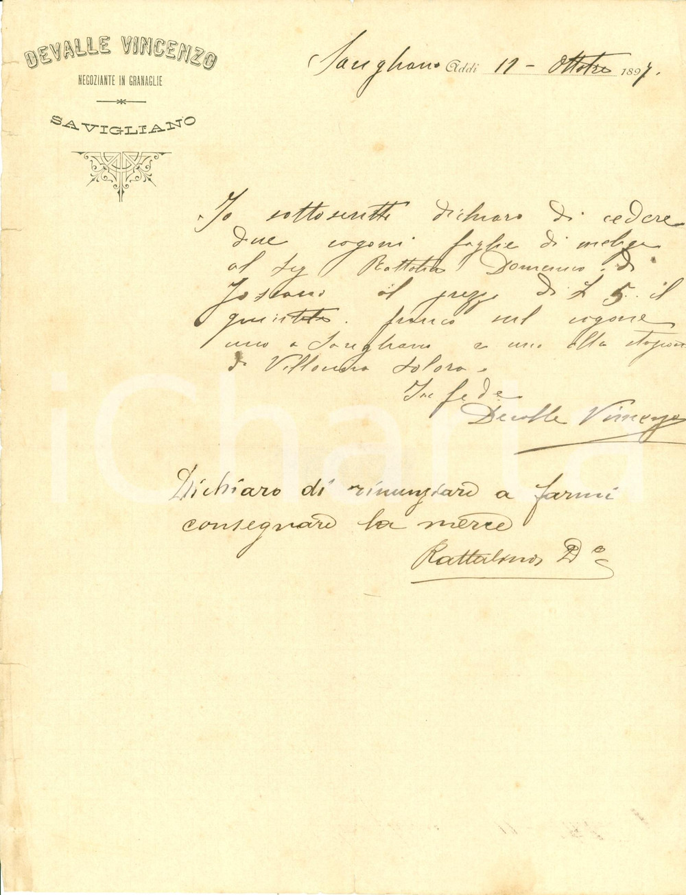 Documento originale, autentico 1897 SAVIGLIANO CN Vincenzo DEVALLE negoziante vende meliga Domenico RATTALINO 1
