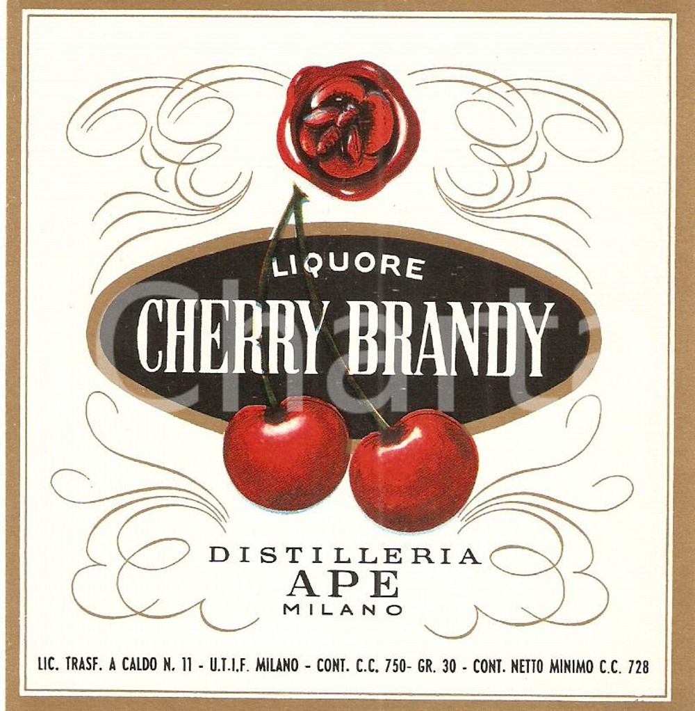 Materiale pubblicitario d’epoca 1970 ca MILANO Distilleria APE Liquore CHERRY BRANDY Etichetta 1