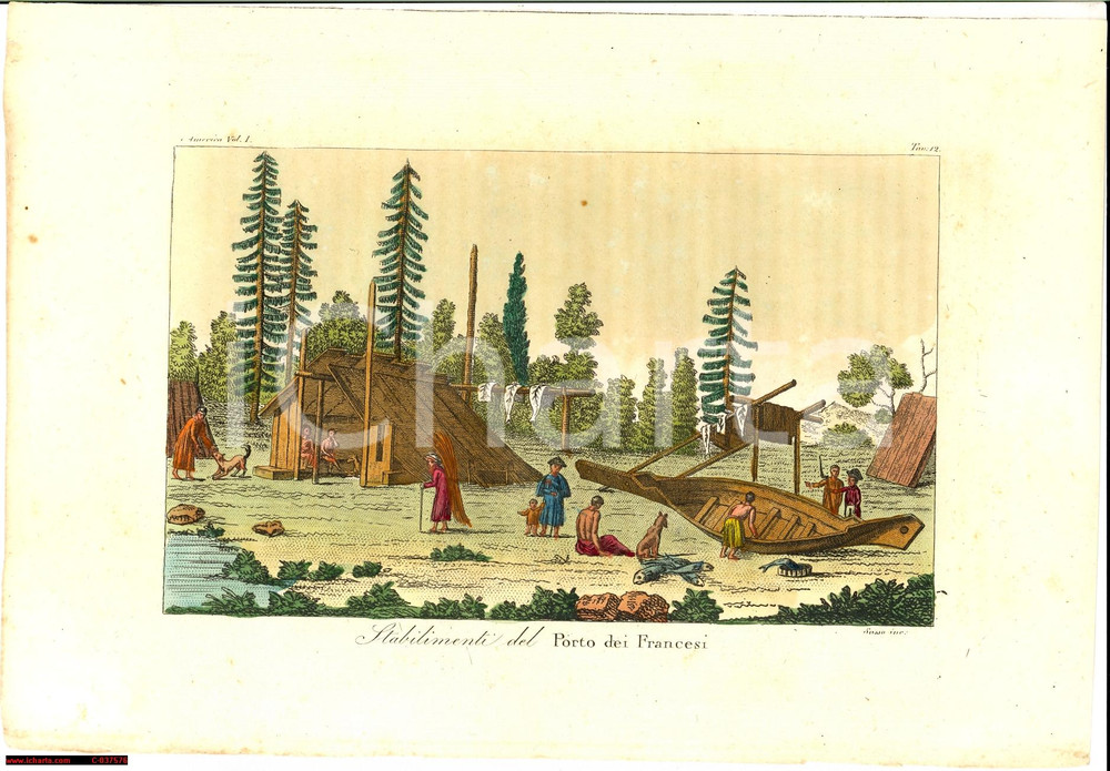 Stampa, bozzetto originale 1826 Incisione SASSO Stabilimenti Porto dei Francesi 1