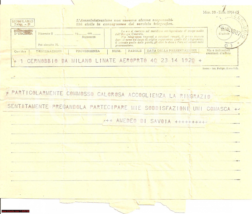 Manoscritto, lettera originale 1967 MILANO LINATE Ringraziamenti di AMEDEO DI SAVOIA 1