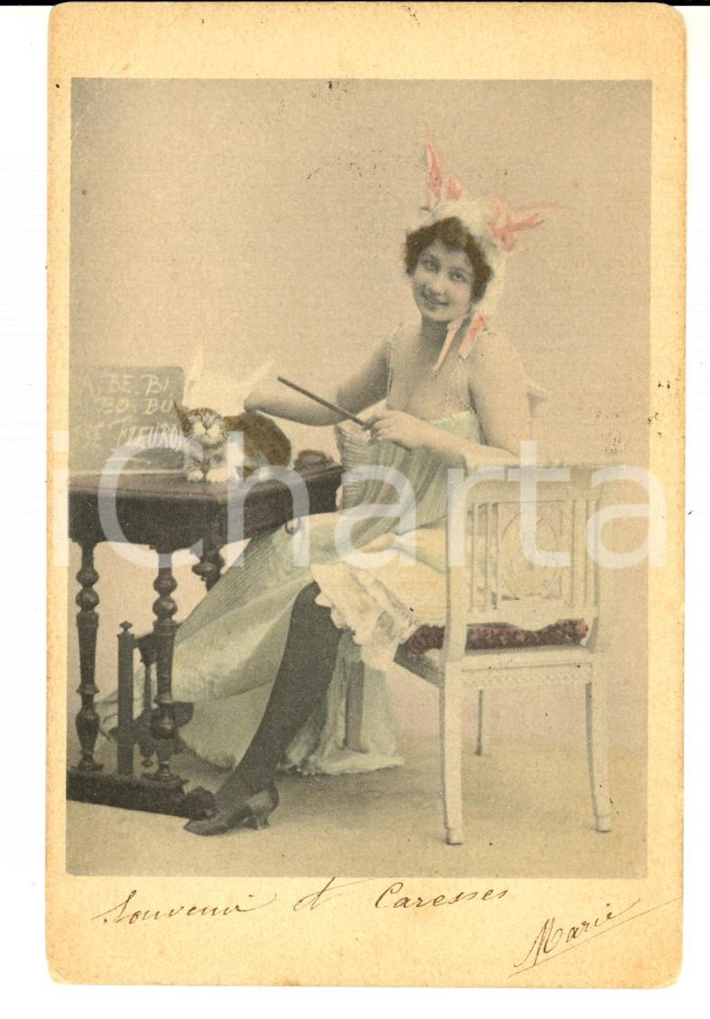 Cartolina originale da collezione 1901 COSTUMI La bella maestra insegna al gatto *Cartolina ILLUSTRATA VINTAGE FP 1