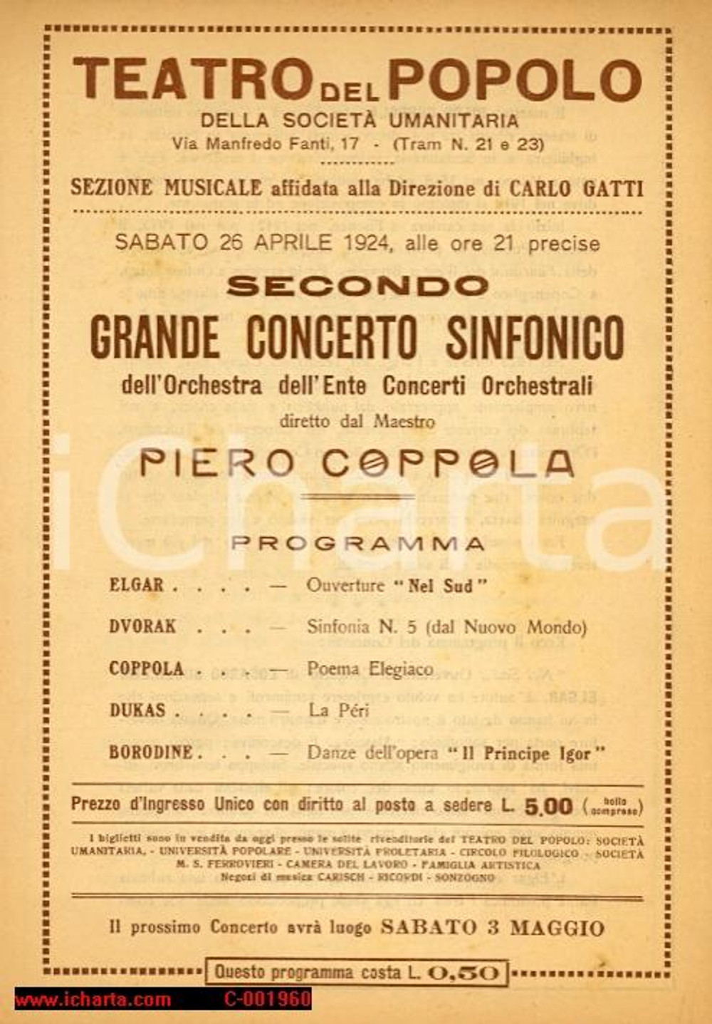 Materiale pubblicitario d’epoca 1924 MILANO Concerto maestro Piero COPPOLA al Teatro del Popolo *Programma 1