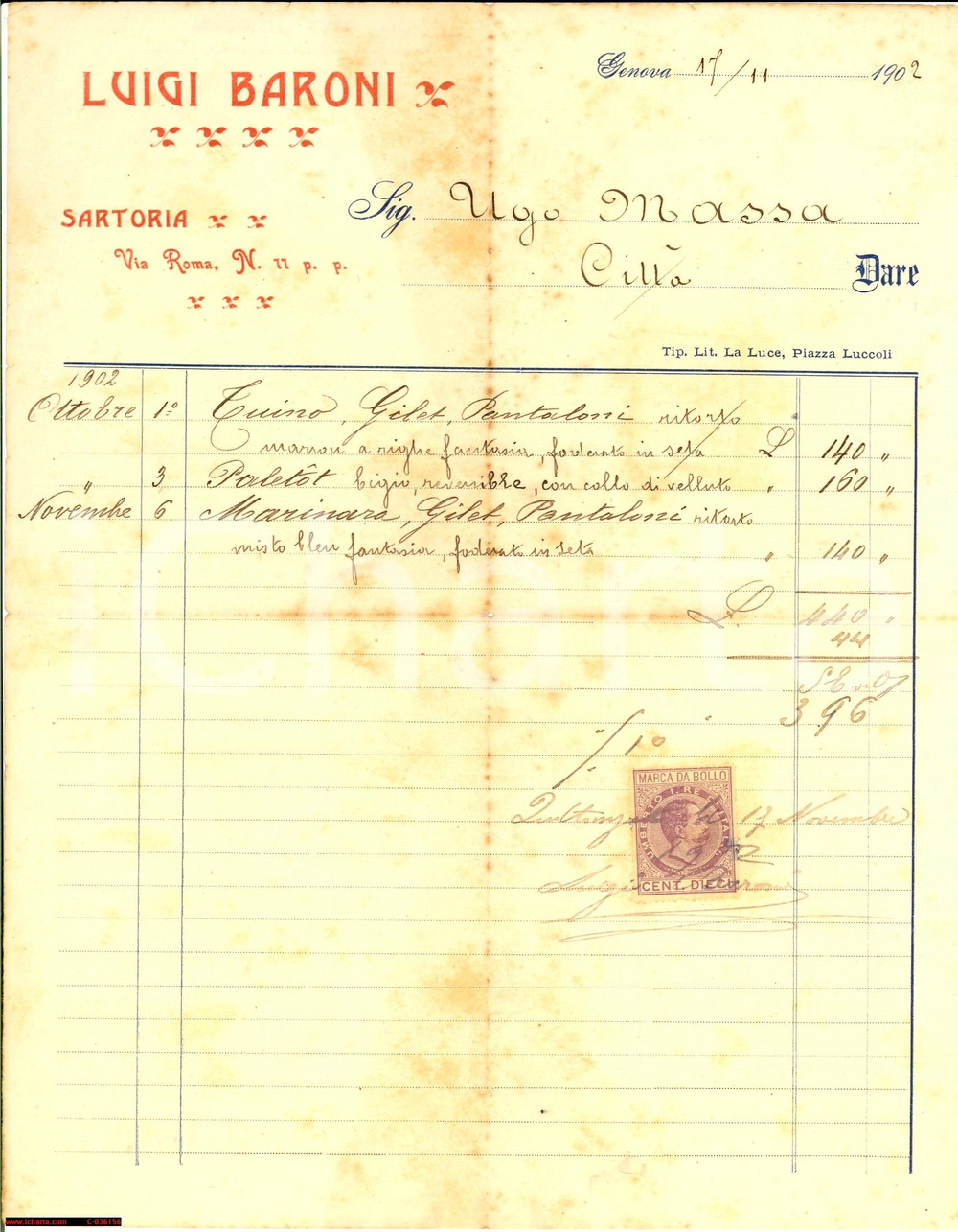 Documento originale, autentico 1902 GENOVA Fattura Sartoria Luigi Baroni U. Massa 1
