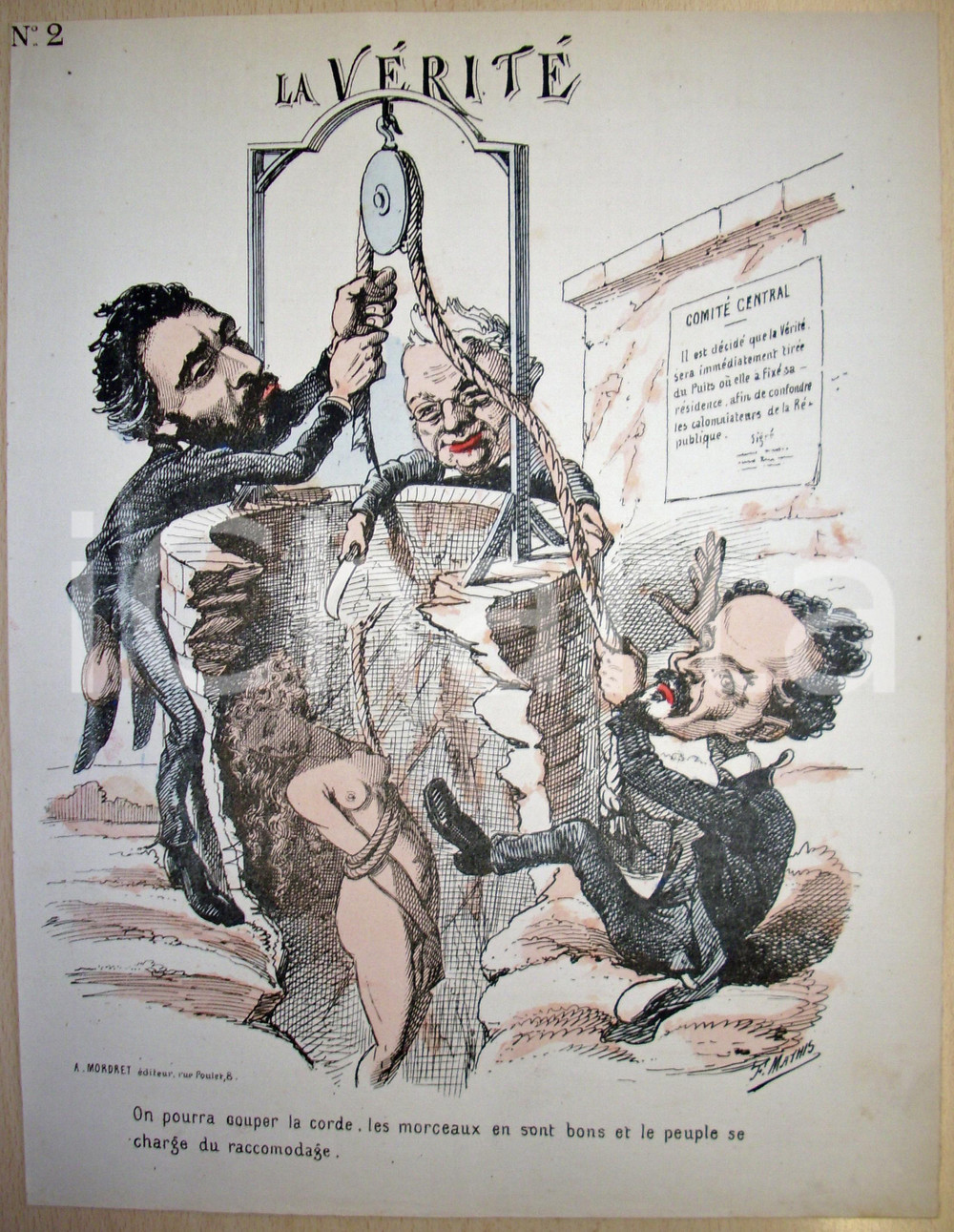 Stampa, bozzetto originale 1871 Caricatura La veritÃ  nuda nel pozzo Ill. F. MATHIS 1