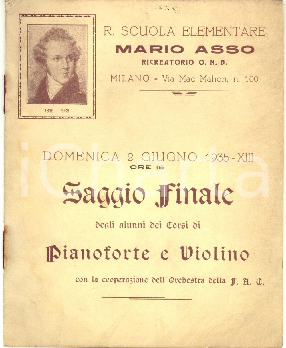 Documento originale, autentico 1935 MILANO Scuola elementare Mario Asso Programma saggio pianoforte e violino 1