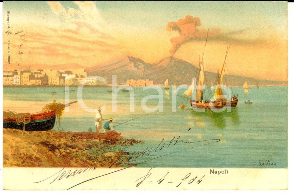 Autografo originale 1904 NAPOLI Pescatori con il Vesuvio Autografo dott. Lorenzo BORTOLOTTI FP VG 1
