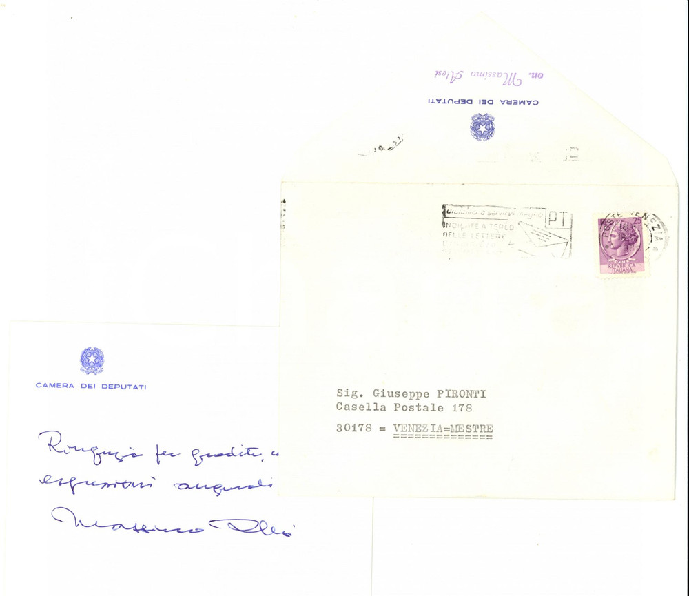 Autografo originale 1968 ROMA Biglietto auguri on. Massimo ALESI Autografo 1
