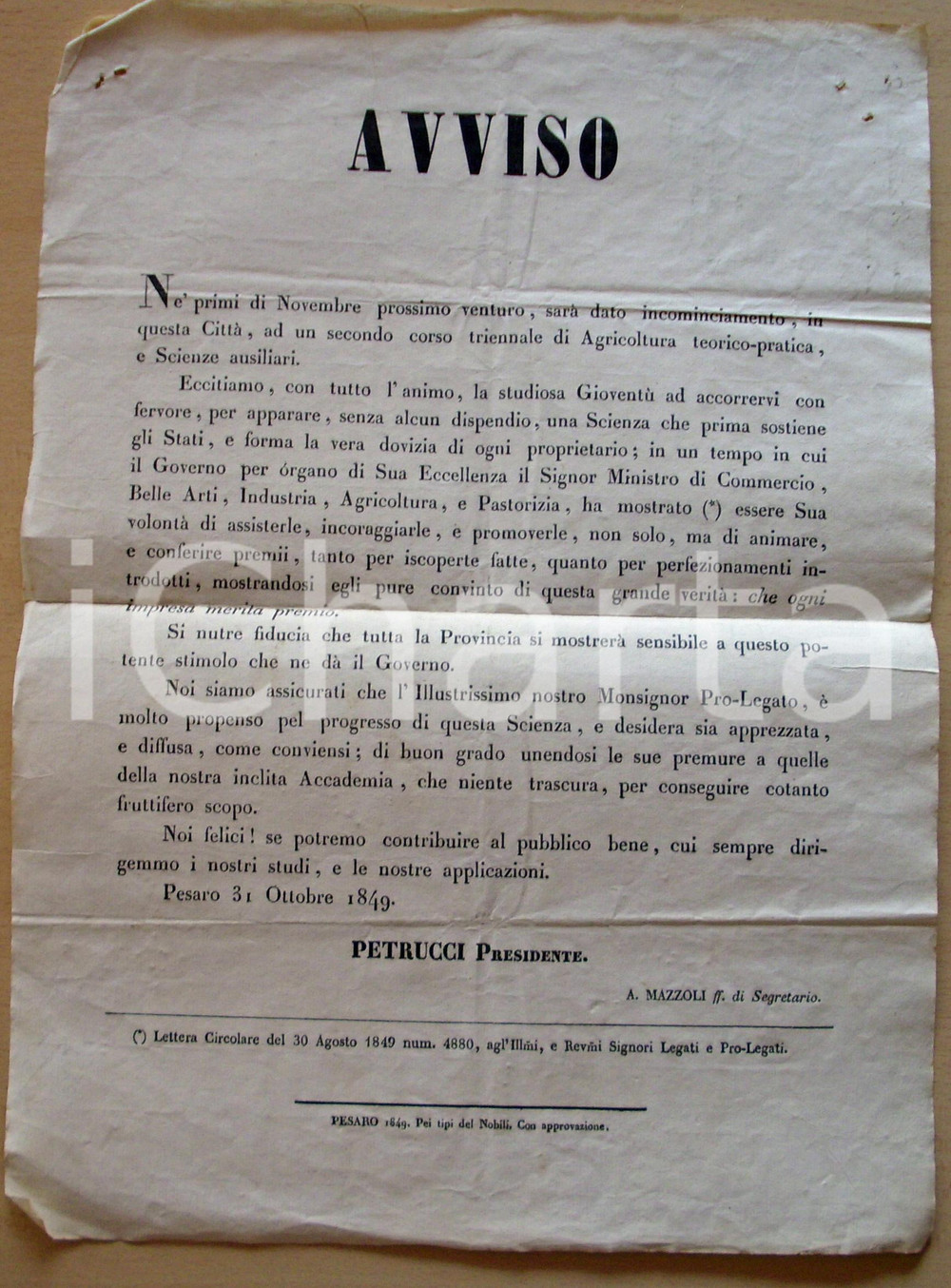 Documento originale, autentico 1849 PESARO Corso triennale Agricoltura pratica 31x44 1