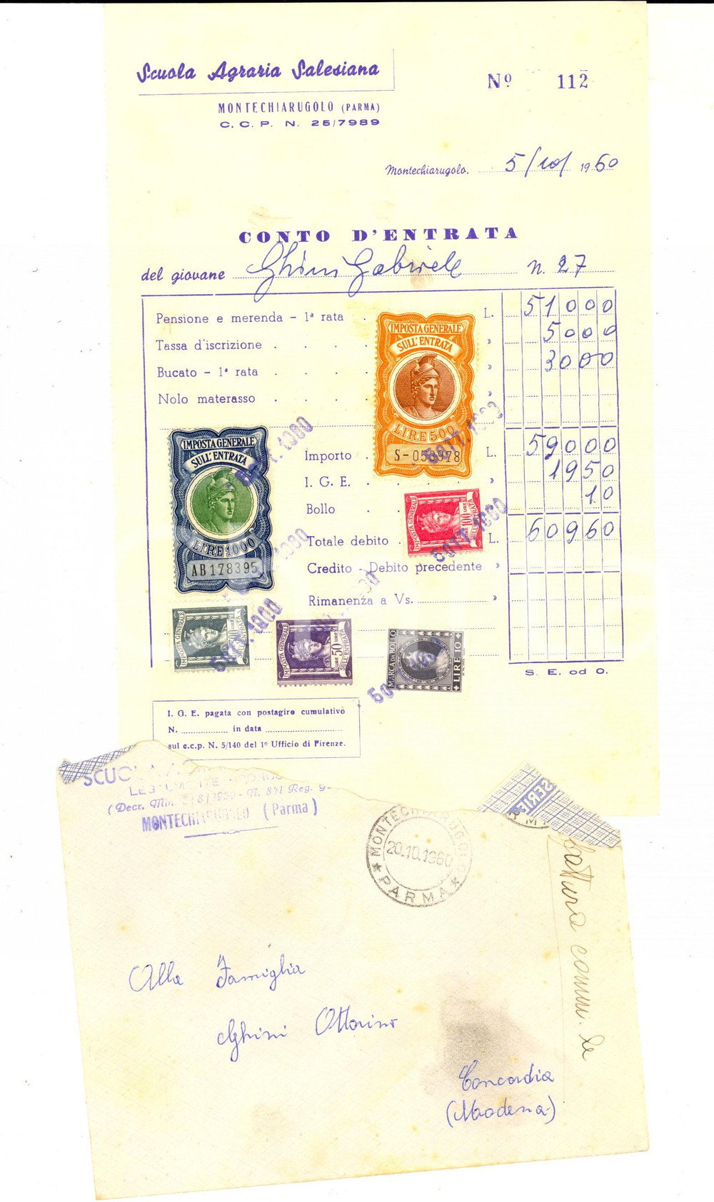 Manoscritto, lettera originale 1960 MONTECHIARUGOLO PR Scuola Agraria Salesiana  Conto d entrata convittore 1