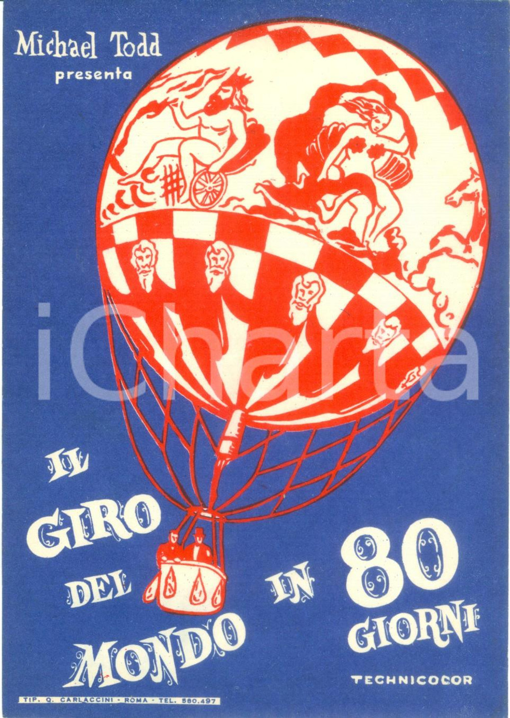 Materiale pubblicitario d’epoca 1958 CINEMA Michael TODD Il giro del mondo in 80 giorni Etichetta ILLUSTRATA 1